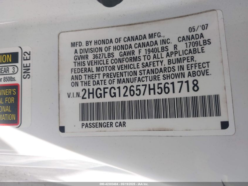 2007 Honda Civic Lx VIN: 2HGFG12657H561718 Lot: 42303484