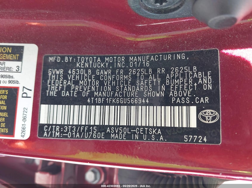 2016 TOYOTA CAMRY VIN: 4T1BF1FK6GU566944