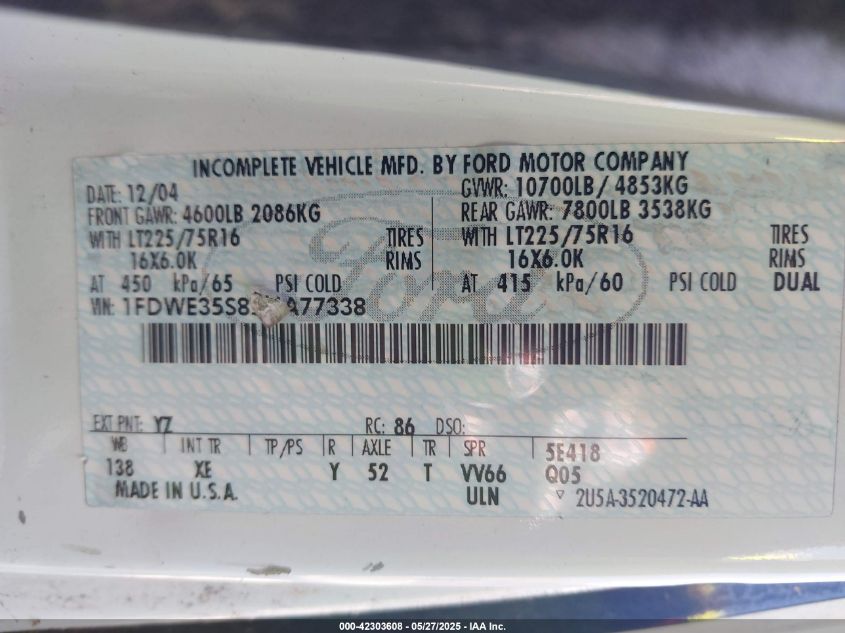 2005 Ford E-350 Cutaway Standard VIN: 1FDWE35S85HA77338 Lot: 42303608