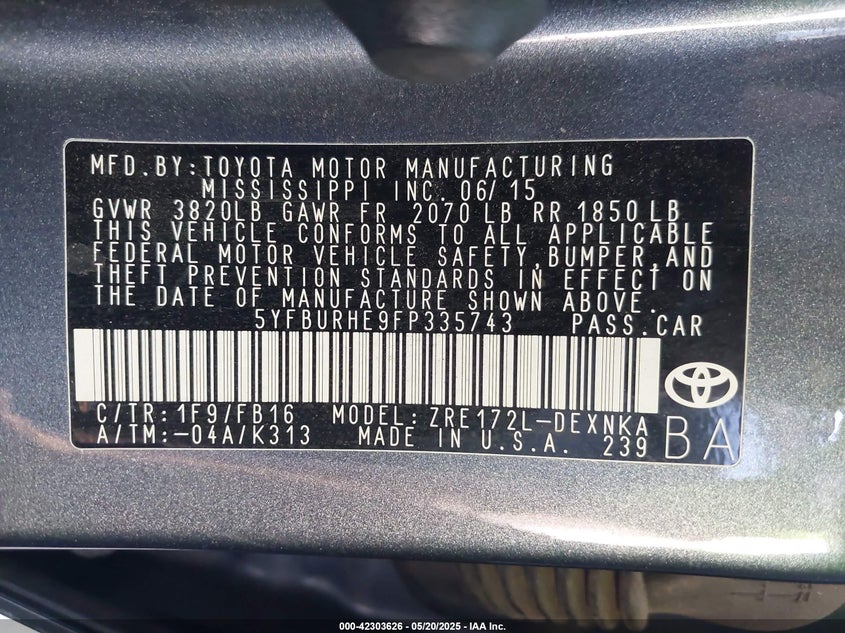 2015 TOYOTA COROLLA VIN: 5YFBURHE9FP335743