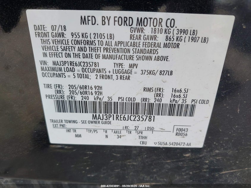 VIN MAJ3P1RE6JC235781 2018 FORD ECOSPORT S