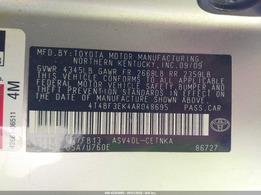 2010 TOYOTA CAMRY VIN: 4T4BF3EK4AR048695