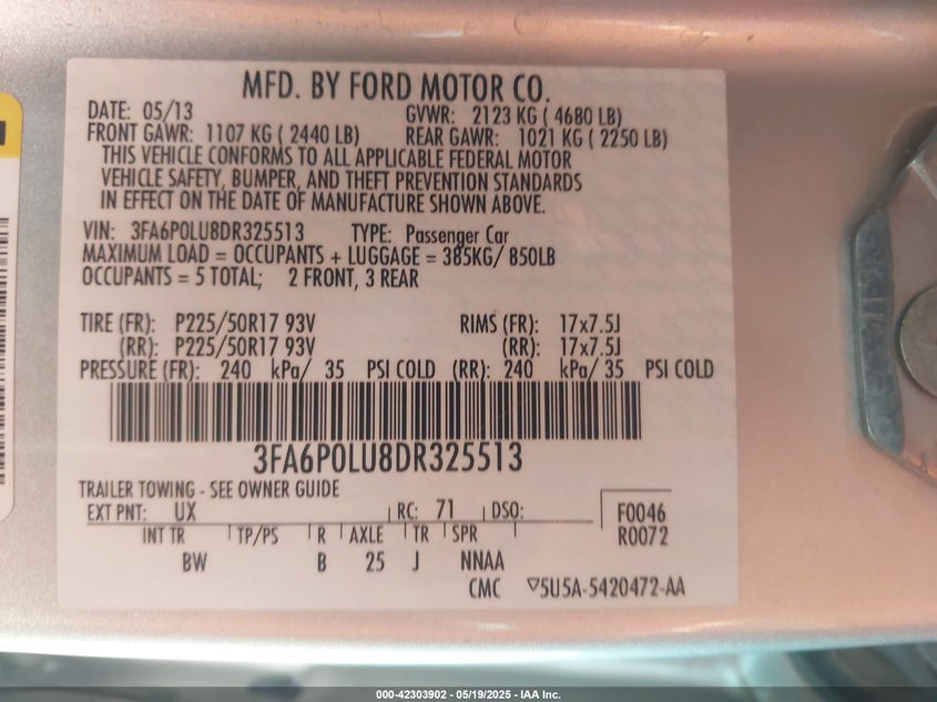 2013 FORD FUSION HYBRID VIN: 3FA6P0LU8DR325513
