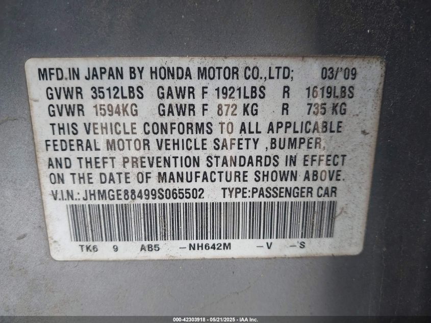 2009 Honda Fit Sport VIN: JHMGE88499S065502 Lot: 42303918