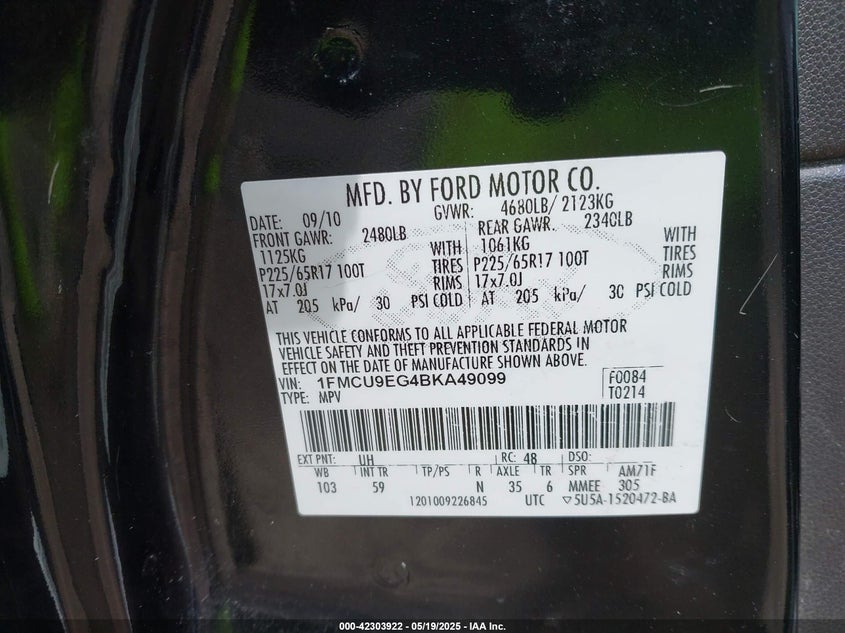 2011 FORD ESCAPE VIN: 1FMCU9EG4BKA49099