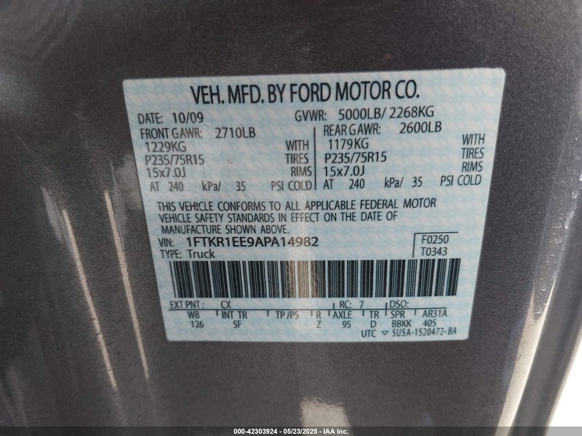 2010 FORD RANGER VIN: 1FTKR1EE9APA14982