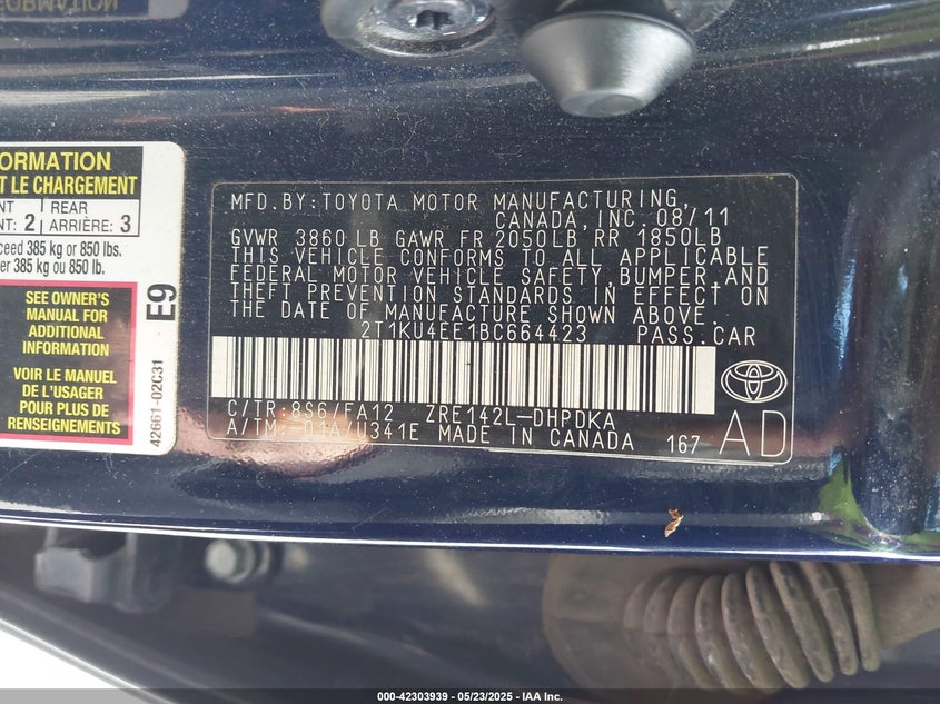 2011 TOYOTA MATRIX VIN: 2T1KU4EE1BC664423