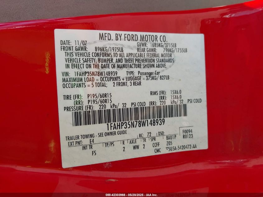 2008 Ford Focus Se/Ses VIN: 1FAHP35N78W148939 Lot: 42303966