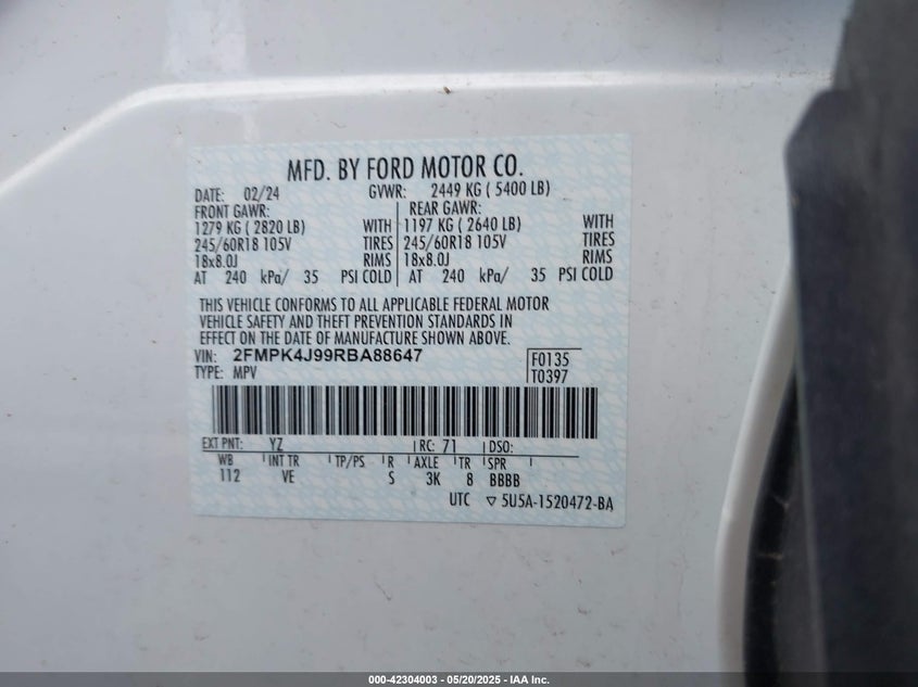 2024 FORD EDGE(VIN: 2FMPK4J99RBA88647