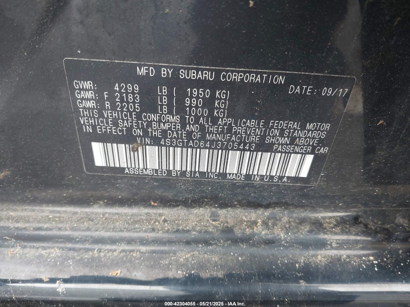 2018 SUBARU IMPREZA VIN: 4S3GTAD64J3705443