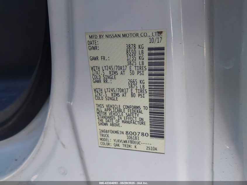 2018 NISSAN NV CARGO NV1500 S V6 - 1N6BF0KM6JN800780