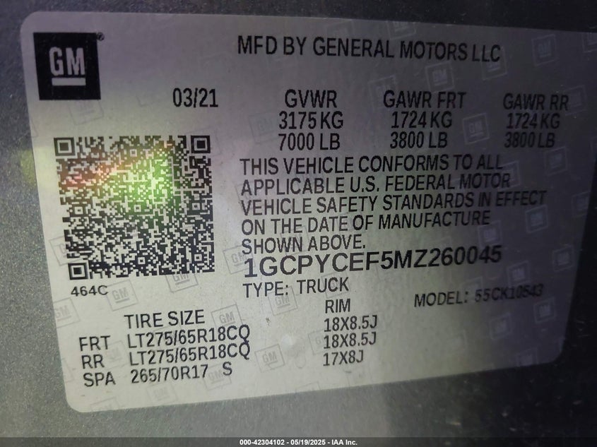 2021 CHEVROLET SILVERADO 1500 5.3L V-8 DI, VVT, 35(VIN: 1GCPYCEF5MZ260045