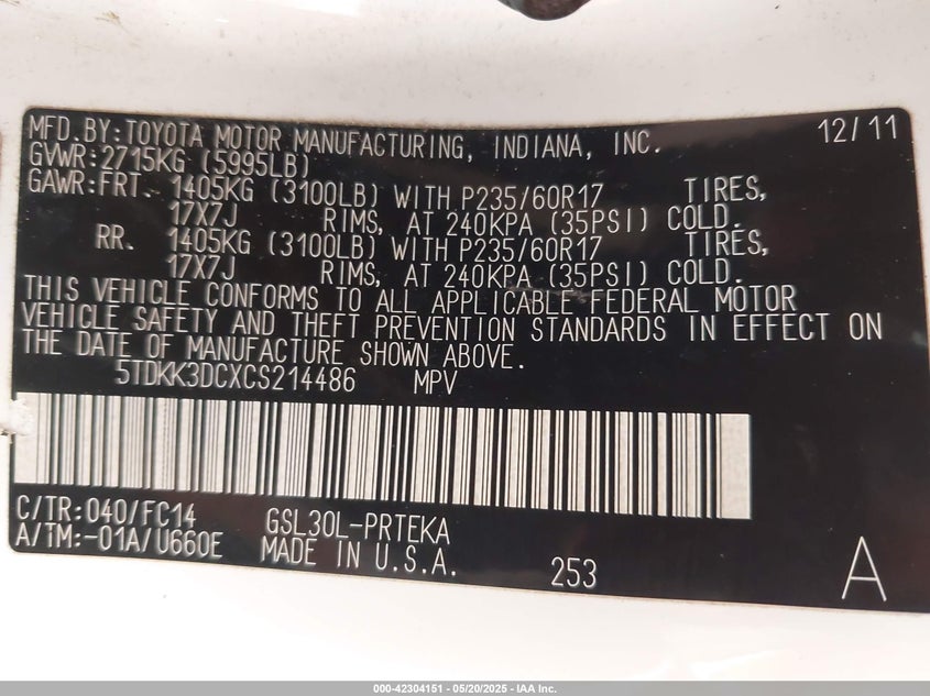 2012 TOYOTA SIENNA VIN: 5TDKK3DCXCS214486