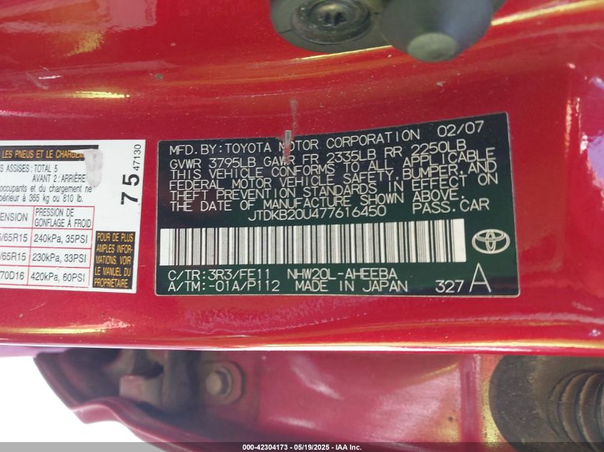 2007 Toyota Prius VIN: JTDKB20U477616450 Lot: 42304173