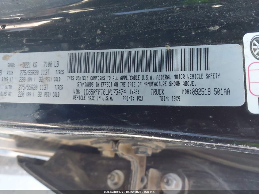 2020 RAM 1500 VIN: 1C6SRFFT6LN173474
