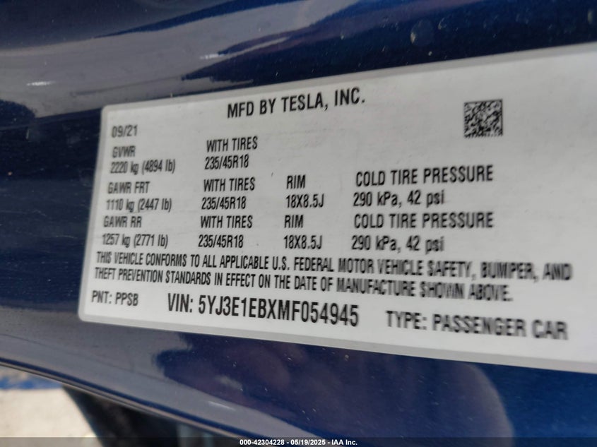 2021 TESLA MODEL 3 U  U UX(VIN: 5YJ3E1EBXMF054945
