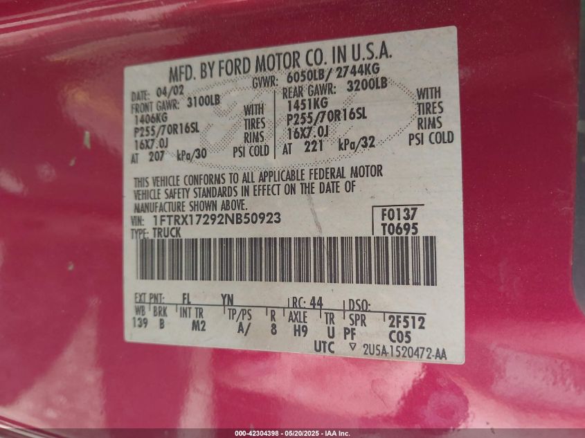 2002 Ford F-150 Xl/Xlt VIN: 1FTRX17292NB50923 Lot: 42304398