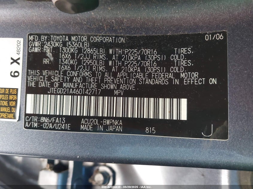 2006 TOYOTA HIGHLANDER VIN: JTEGD21A460142717