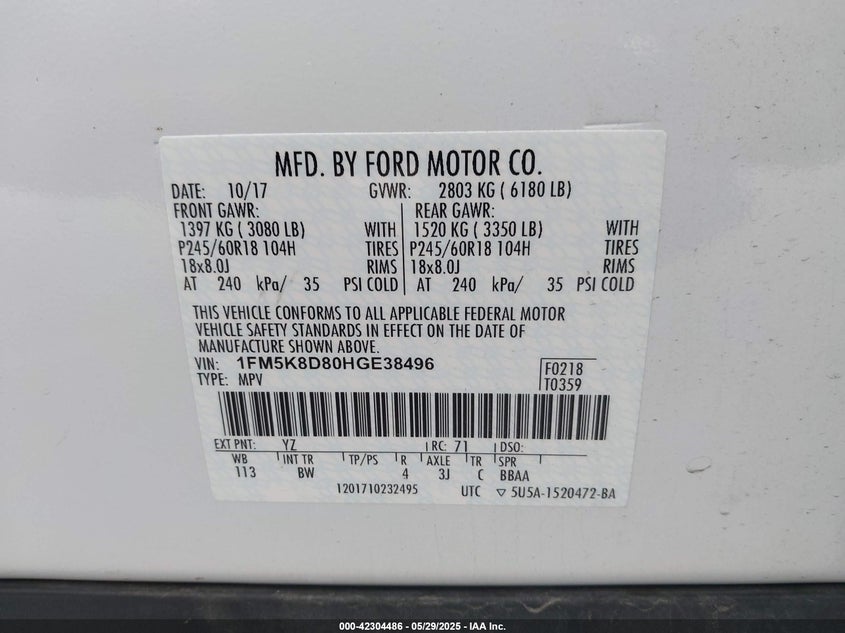 2017 FORD EXPLORER VIN: 1FM5K8D80HGE38496