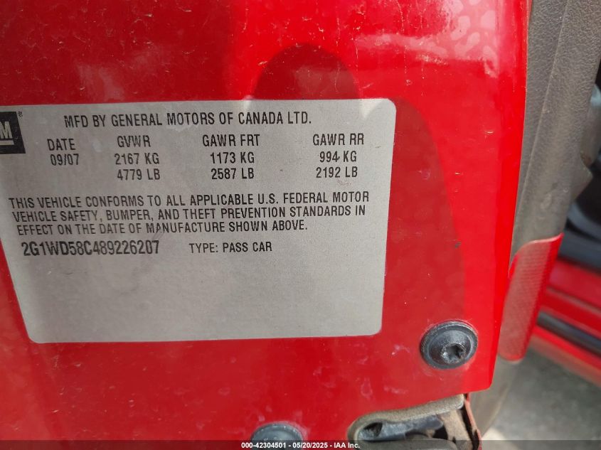 2008 Chevrolet Impala Ss VIN: 2G1WD58C489226207 Lot: 42304501