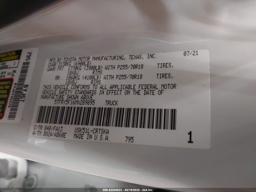 2021 TOYOTA TUNDRA VIN: 5TFRY5F16MX289895