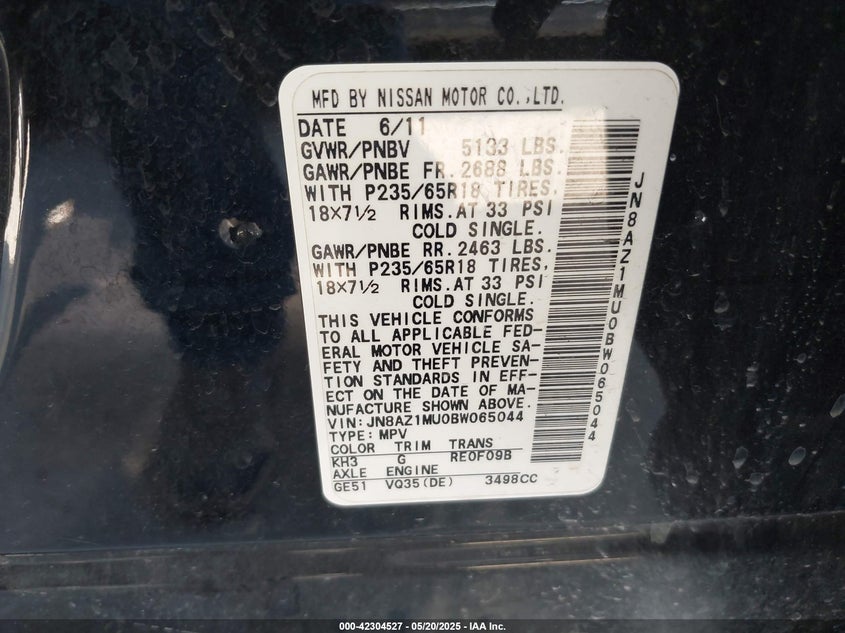 2011 NISSAN MURANO VIN: JN8AZ1MU0BW065044