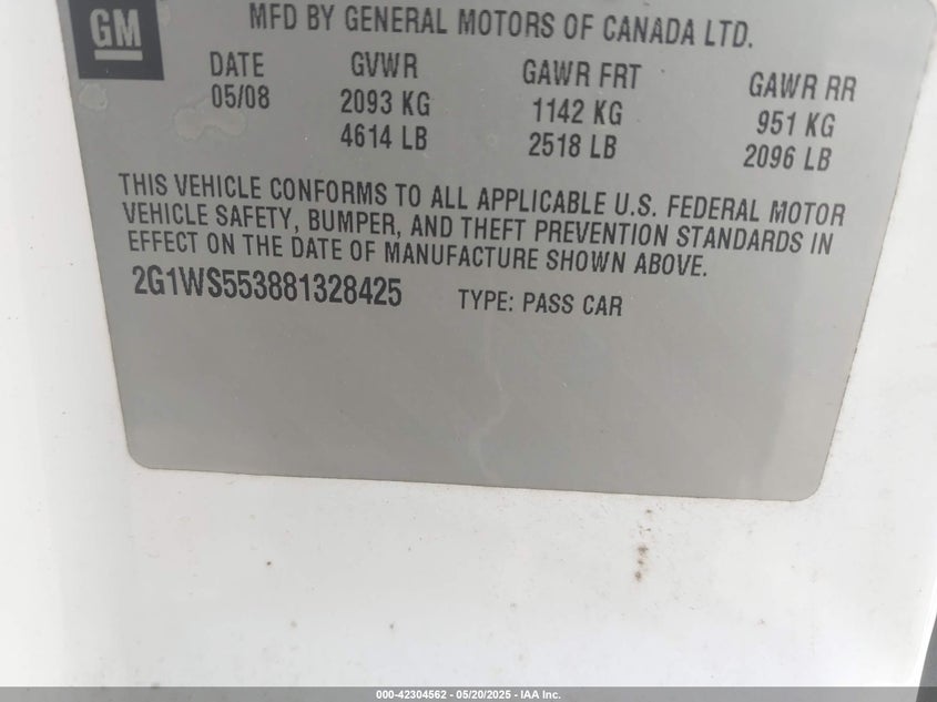 2008 CHEVROLET IMPALA VIN: 2G1WS553881328425