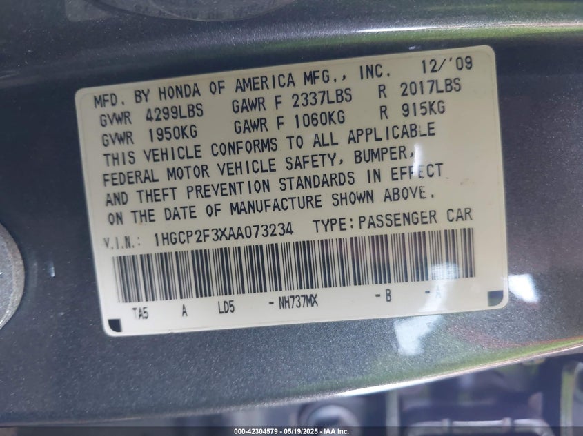 2010 HONDA ACCORD VIN: 1HGCP2F3XAA073234