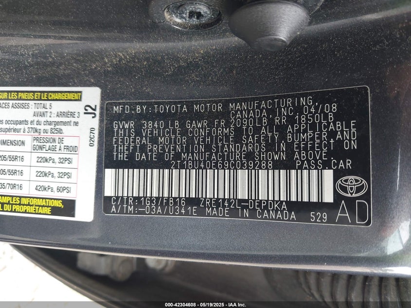 2009 TOYOTA COROLLA VIN: 2T1BU40E69C039288