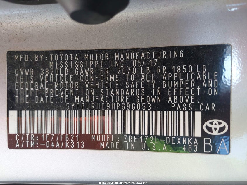 2017 TOYOTA COROLLA L/LE/SE/SE SPECIAL EDITION/XLE/XSE - 5YFBURHE9HP696053