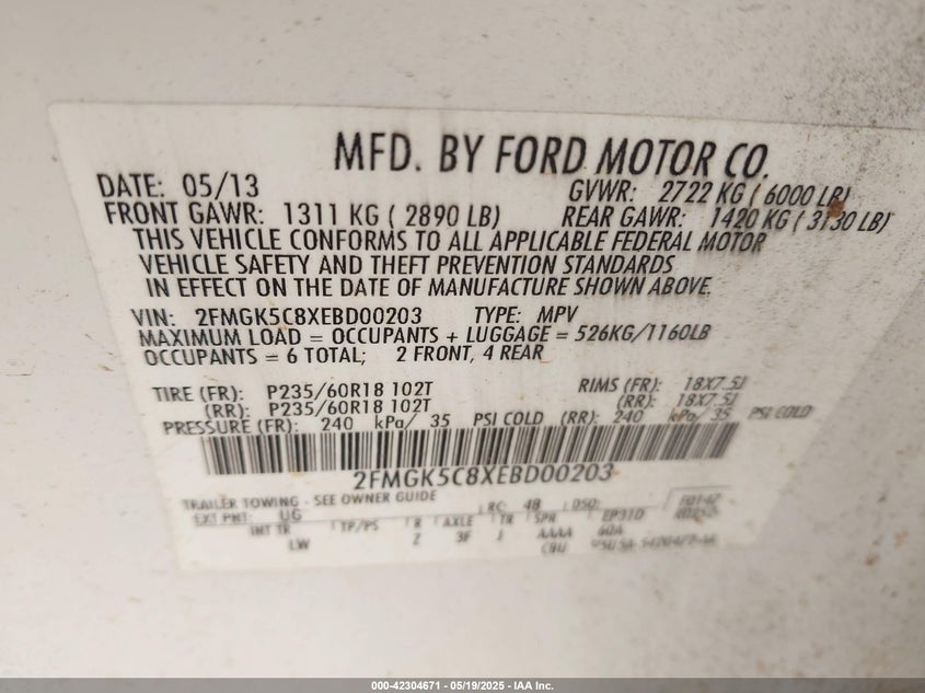2014 FORD FLEX VIN: 2FMGK5C8XEBD00203