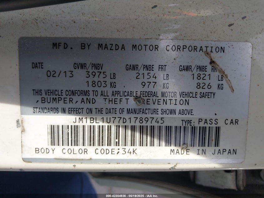 2013 MAZDA MAZDA3 VIN: JM1BL1U77D1789745