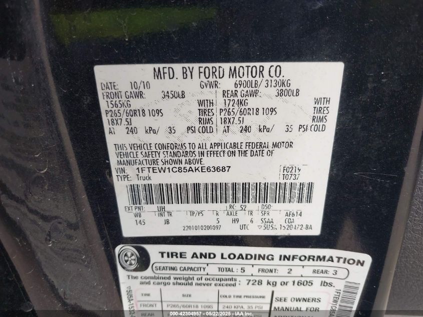 2010 Ford F-150 Fx2 Sport/Xl/Xlt VIN: 1FTEW1C85AKE63687 Lot: 42304957