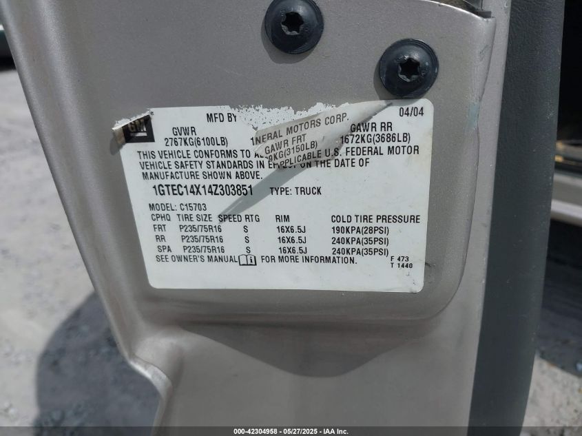 2004 GMC Sierra 1500 VIN: 1GTEC14X14Z303851 Lot: 43303849