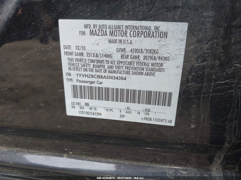 2010 MAZDA 6 VIN: 1YVHZ8CB8A5M34394