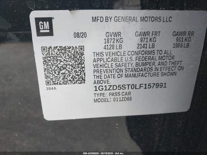 2020 CHEVROLET MALIBU VIN: 1G1ZD5ST0LF157991