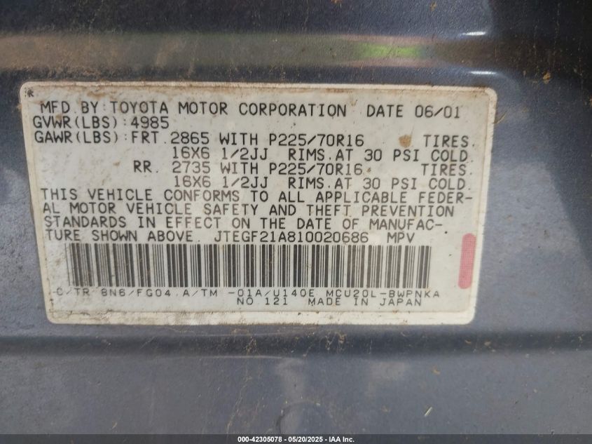 2001 Toyota Highlander V6 VIN: JTEGF21A810020686 Lot: 42305078