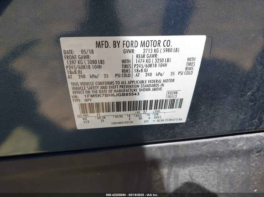 2018 FORD EXPLORER VIN: 1FM5K7BH6JGB85543