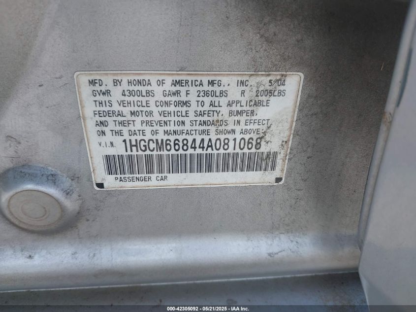 2004 Honda Accord Sdn Ex VIN: 1HGCM66844A081068 Lot: 42305092
