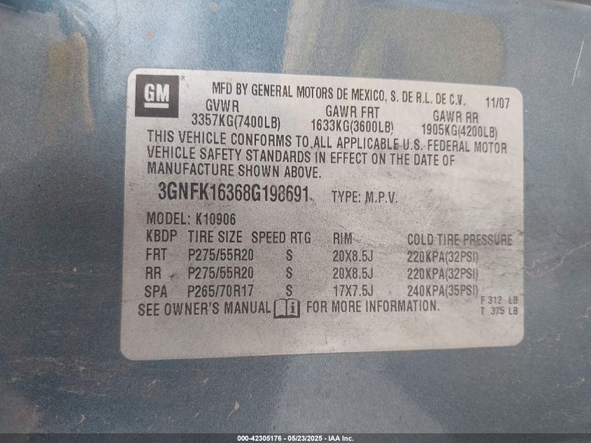 2008 Chevrolet Suburban 1500 Ltz VIN: 3GNFK16368G198691 Lot: 42305176