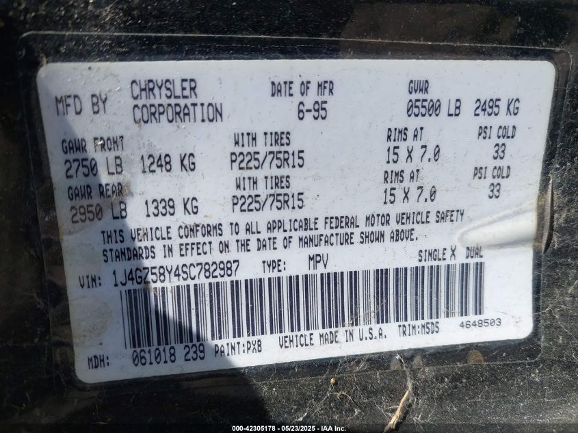 1995 Jeep Grand Cherokee Laredo VIN: 1J4GZ58Y4SC782987 Lot: 42305178