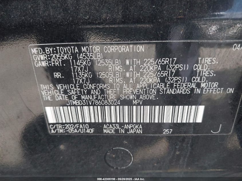 2008 Toyota Rav4 Limited VIN: JTMBD31V786083024 Lot: 42305198