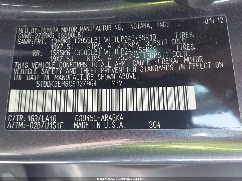 2012 TOYOTA HIGHLANDER VIN: 5TDDK3EH8CS127964
