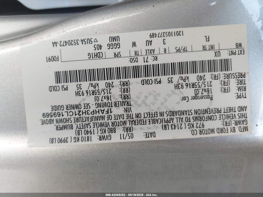 2012 FORD FOCUS VIN: 1FAHP3H21CL169569
