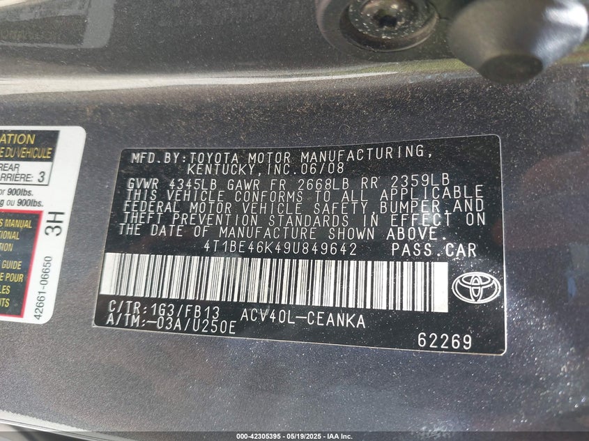 2009 TOYOTA CAMRY VIN: 4T1BE46K49U849642