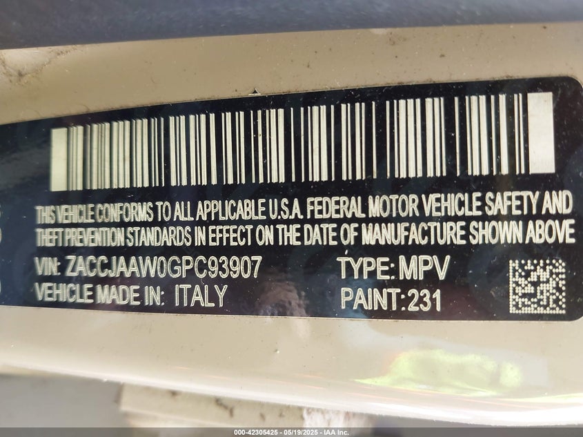 2016 JEEP RENEGADE VIN: ZACCJAAW0GPC93907