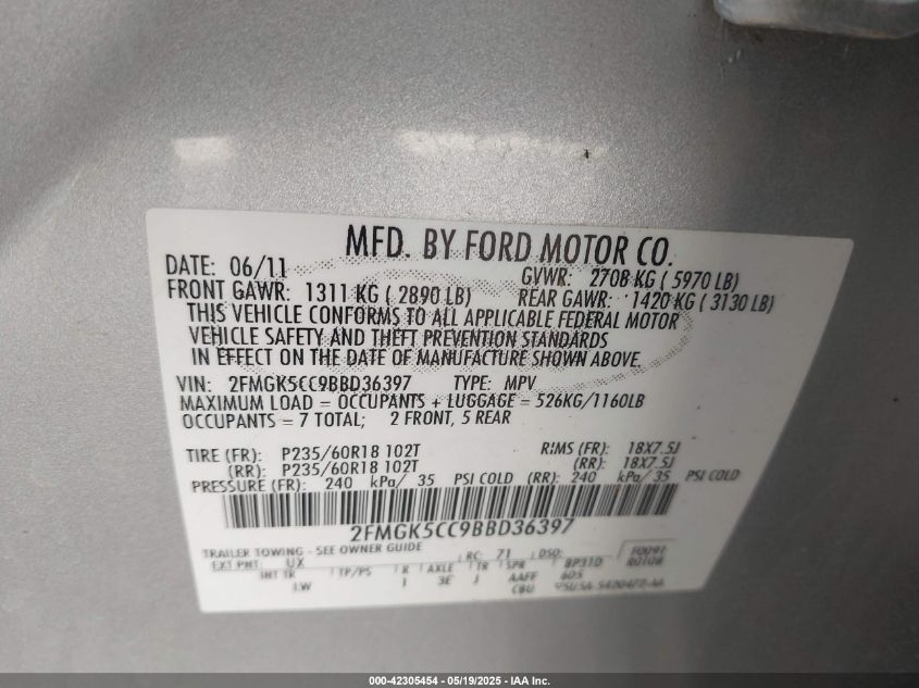 2011 Ford Flex Sel VIN: 2FMGK5CC9BBD36397 Lot: 42305454