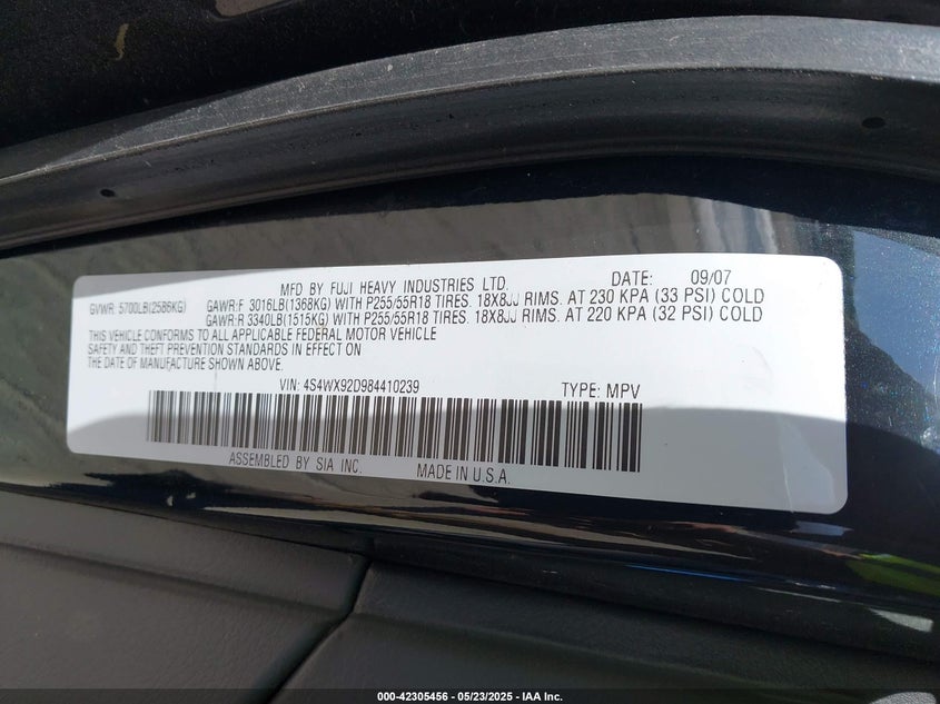 2008 SUBARU TRIBECA VIN: 4S4WX92D984410239