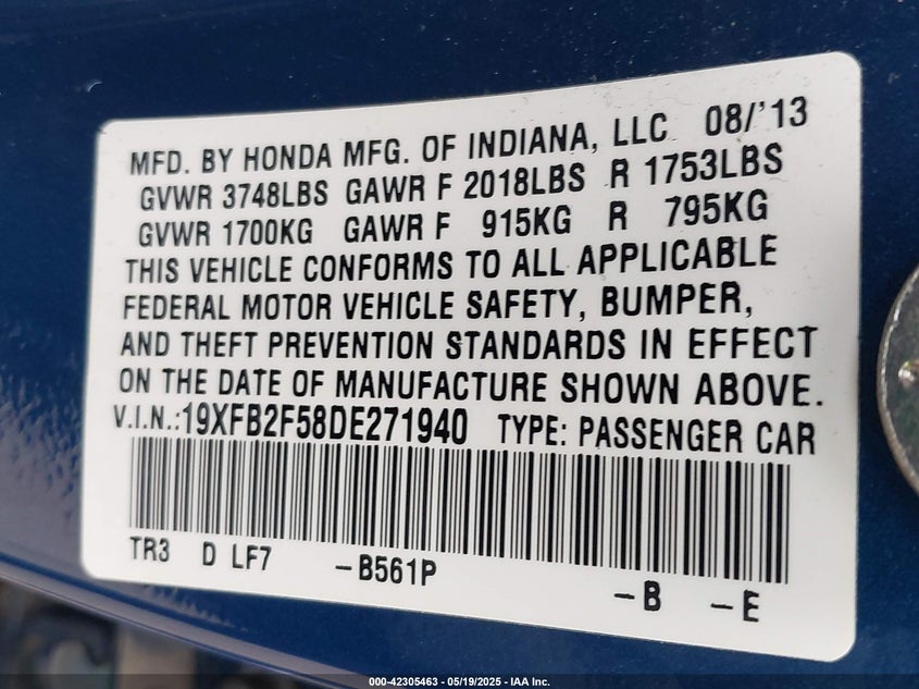 2013 HONDA CIVIC VIN: 19XFB2F58DE271940