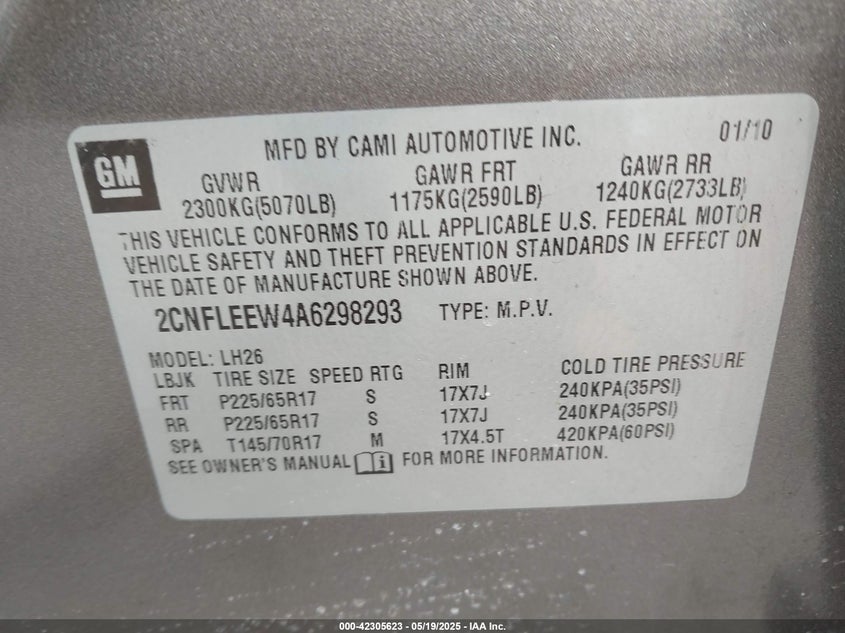 2010 CHEVROLET EQUINOX VIN: 2CNFLEEW4A6298293